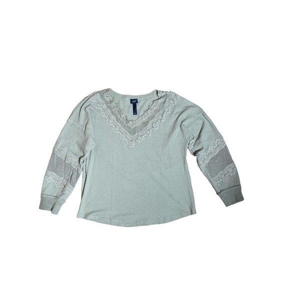 Daytrip Waffle Knit Top Blouse Long Sleeve V-Neck Lace Mesh Olive Green XL - Picture 1 of 4